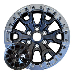 17-inch Ford Bronco OEM wheel ALY0467U45. Black rim front view with and without Bead Lock and screws