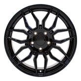 Front view of an 18x8.5 Gloss Black wheel replacement for Chevy Corvette replica rim 9511111