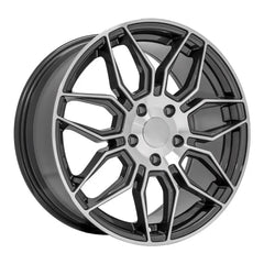 Angle view of a 18x8.5 Machined Gunmetal wheel replacement for Chevy Corvette replica rim 9511113