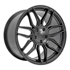 Angle view of a 20x11 Satin Matte Black wheel replacement for Chevy Corvette replica rim 9511121