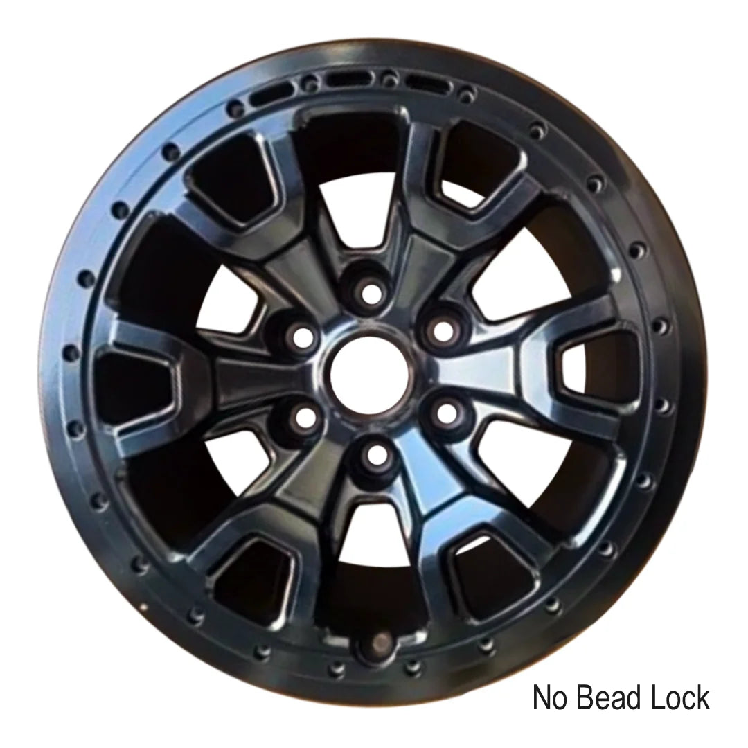17-inch Ford Bronco OEM wheel ALY00467U45. Black rim front view without a Bead Lock