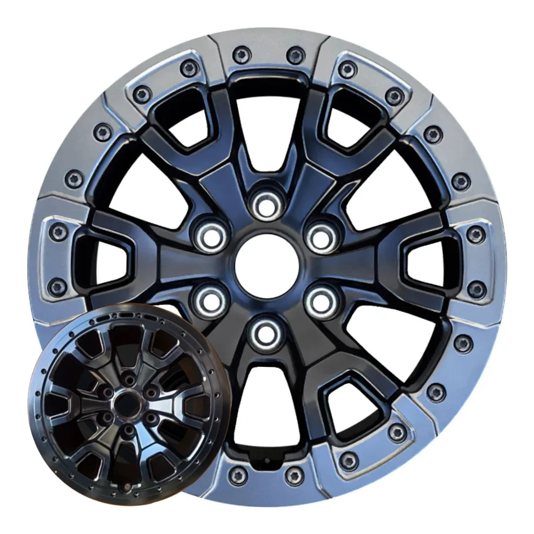 17-inch Ford Bronco OEM wheel ALY0467U45. Black rim front view with and without Bead Lock and screws