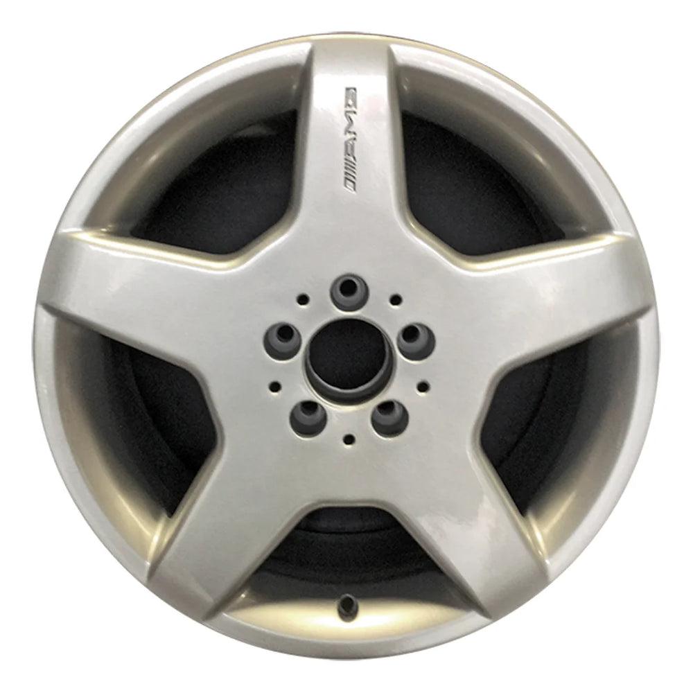 Front view of an 18x9-inch Mercedes ML550 AMG rim 65248. 2000-2003 Silver OEMwheels.forsale  A1294011802