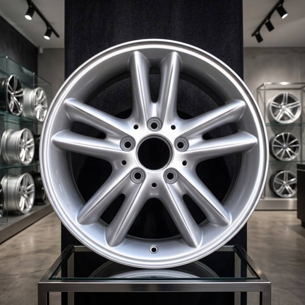 16x7 inch Mercedes C230 rim ALY65260. Silver wheel part# A2034010202, pictured in the showroom floor.