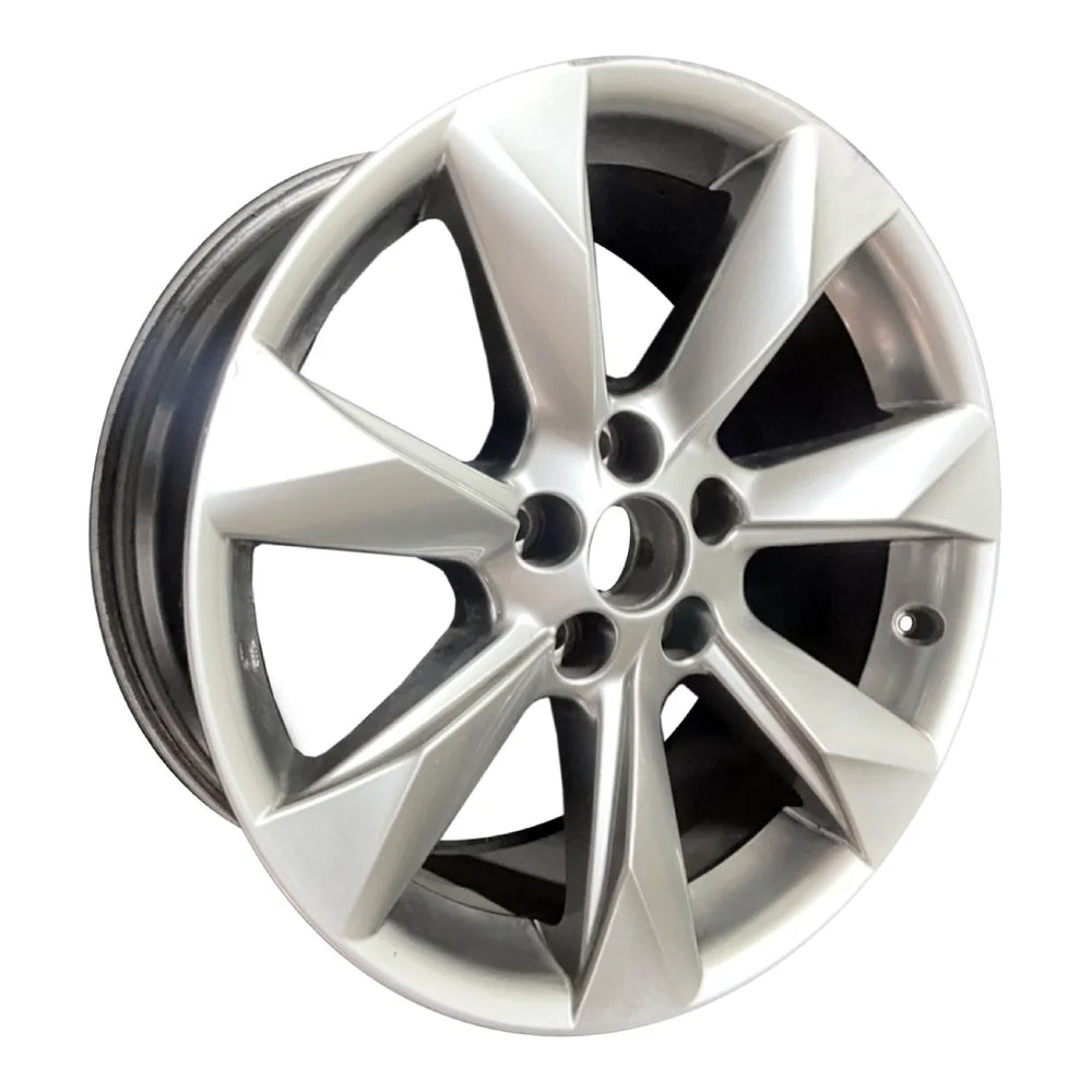 Three-quarter angle of a 18-inch Lexus RX350 & RX450H OEM wheel. Light Silver rim part# 426110E240 on white background