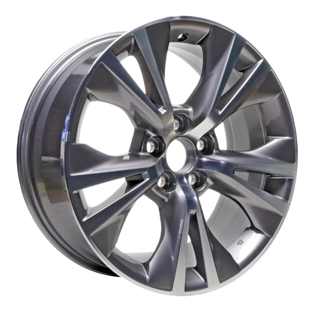 Angle view of the 18x7.5 Machined Gray 2014-2019 Toyota Highlander replica rim ALY75162U35N. Wheel replacement part 426110E440