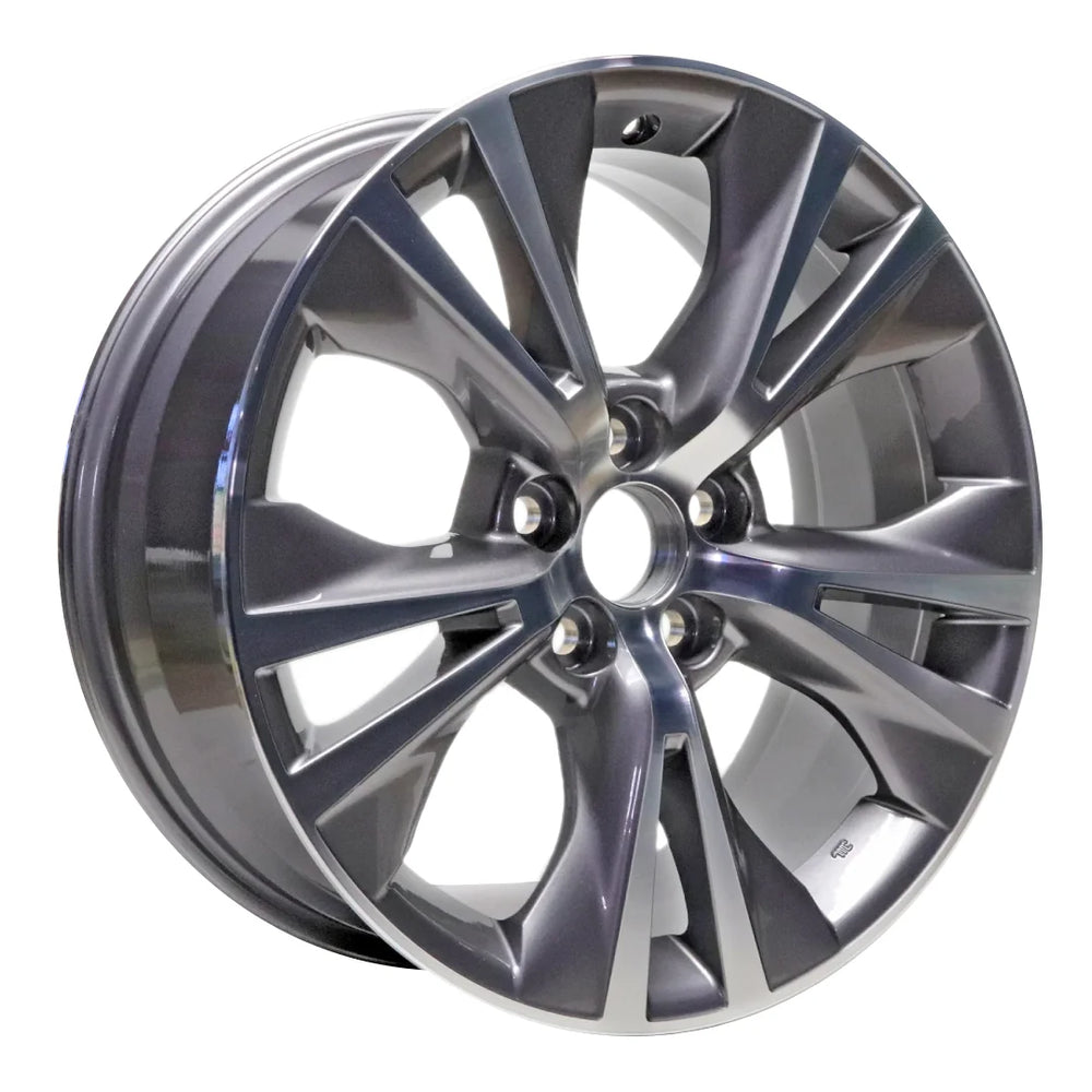 Angle view of the 18x7.5 Machined Gray 2014-2019 Toyota Highlander replica rim ALY75162U35N. Wheel replacement part 426110E440