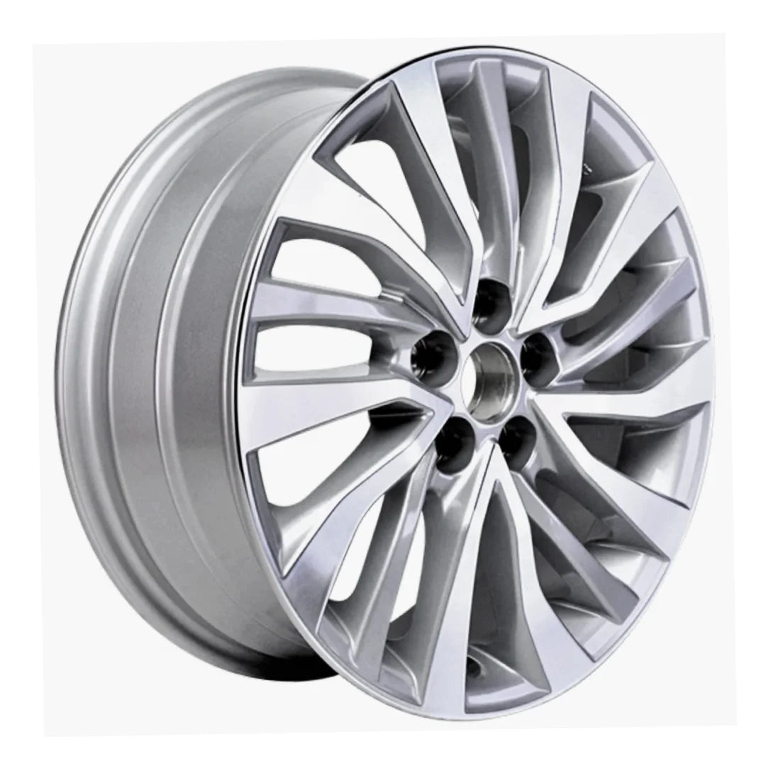 Angle view of the 16x6.5 Machined Silver 2017-2020 Toyota Corolla replica rim ALY75207U10N. Wheel replacement part 4261102N00
