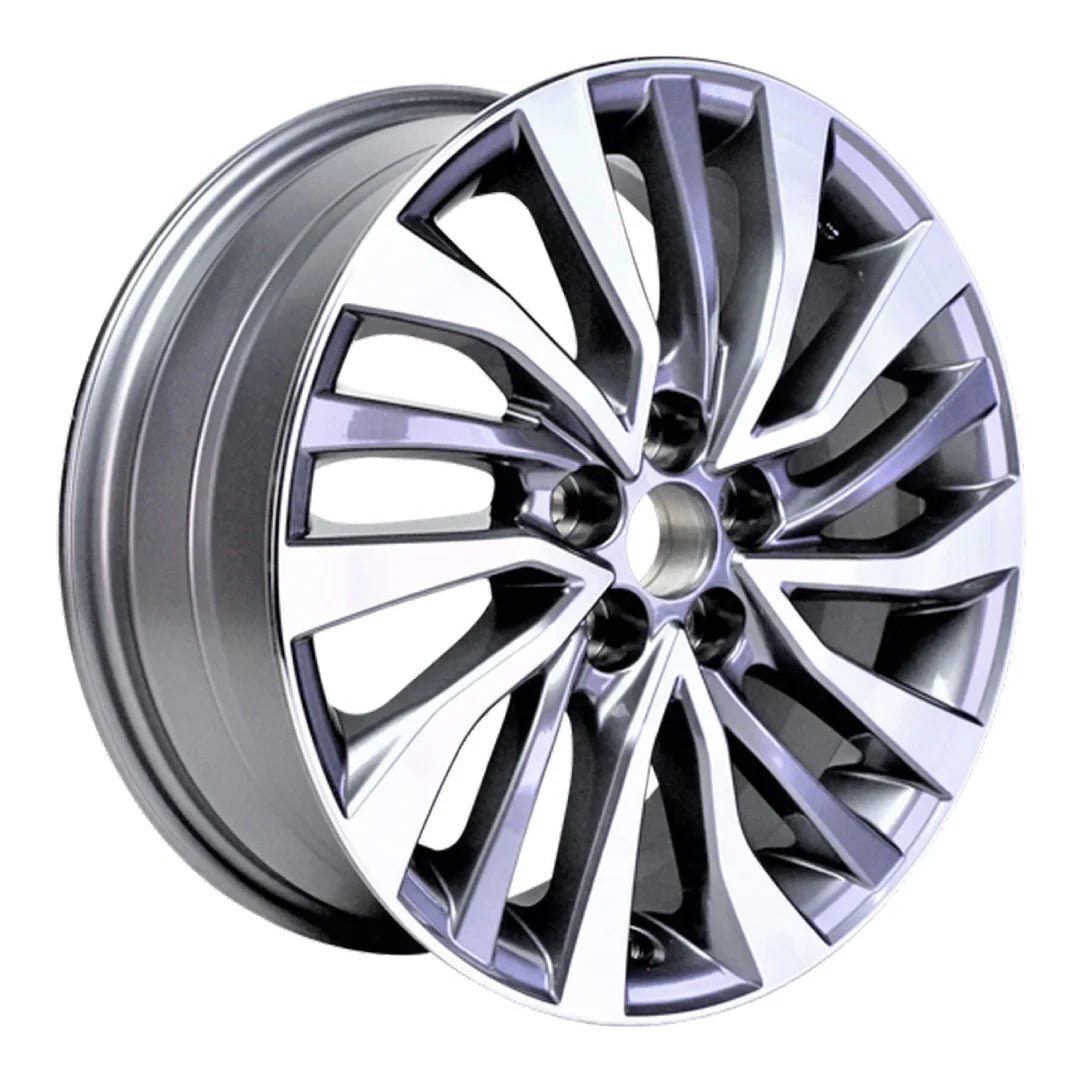 Angle view of the 16x6.5 Machined Charcoal 2017-2020 Toyota Corolla replica rim ALY75207U35N. Wheel replacement part 4261102M90
