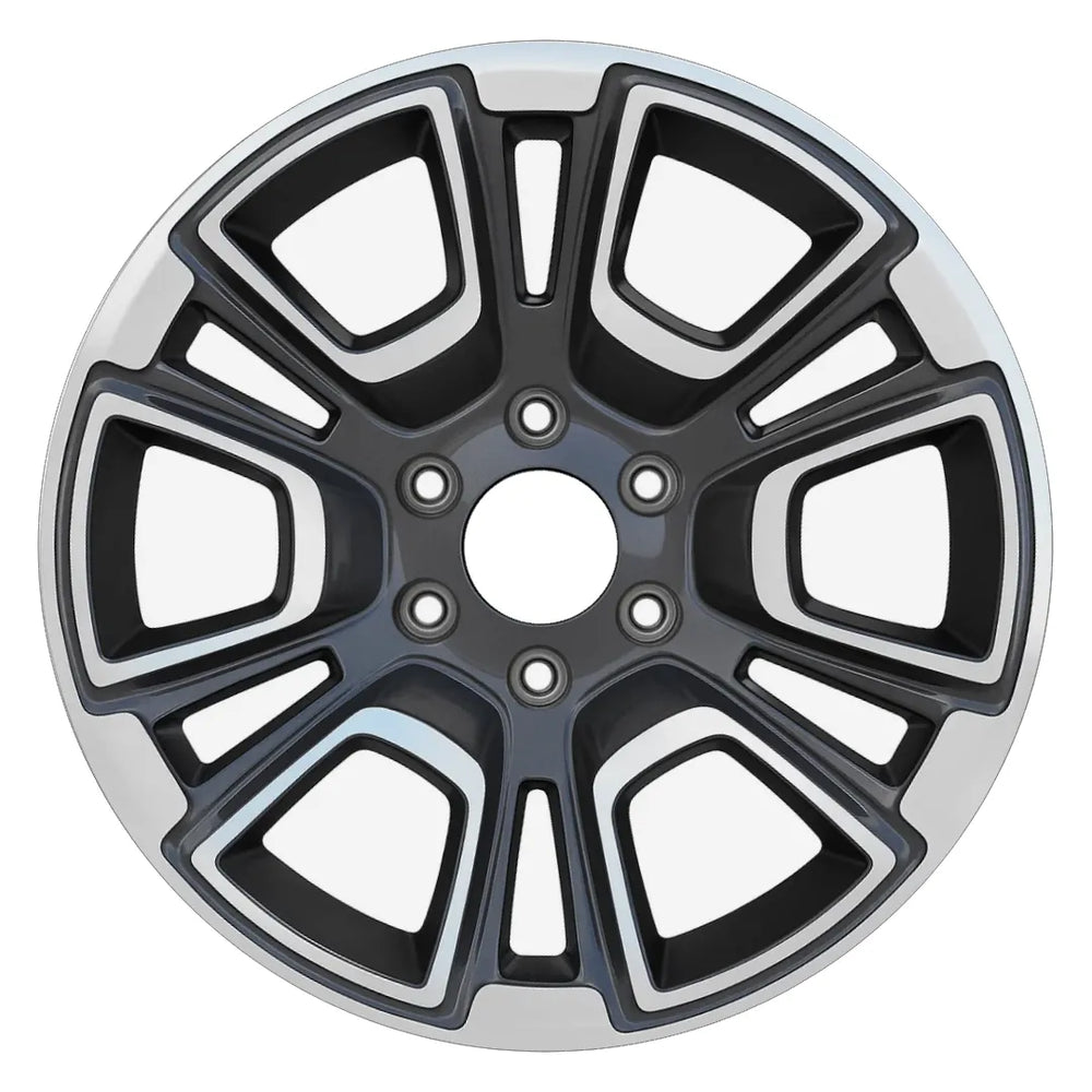 18-inch Jeep Wagoneer OEM wheel ALY09295U90. Polished face charcoal rim front view.