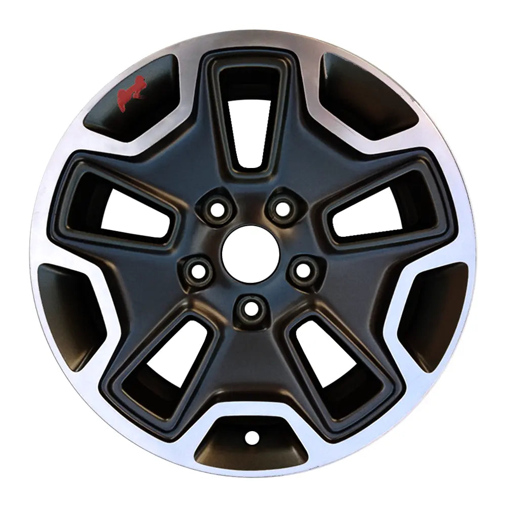 Front view of a 17x7.5 inch Jeep Wrangler rim ALY09118. Black with Machined accents and Red Jeep decal OEMwheels.forsale 1XA50RXFAA