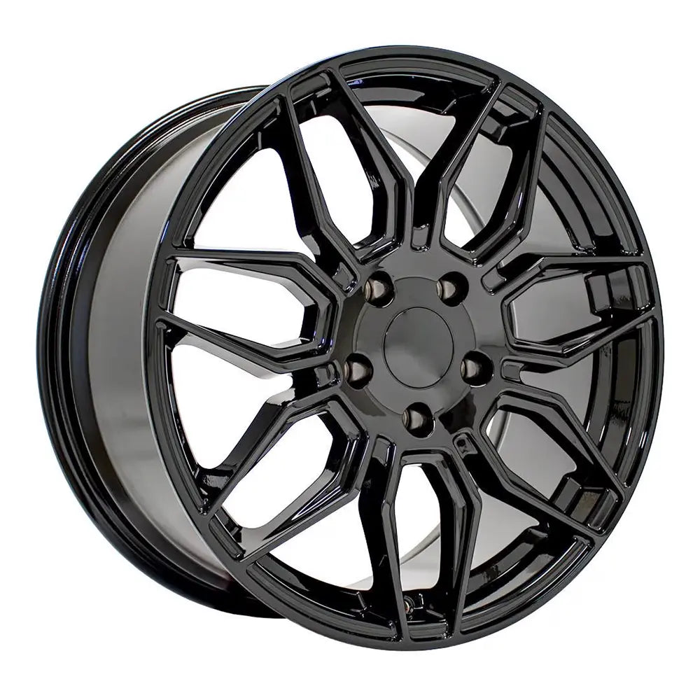 Angle view of an 18x8.5 Gloss Black wheel replacement for Chevy Corvette replica rim 9511111