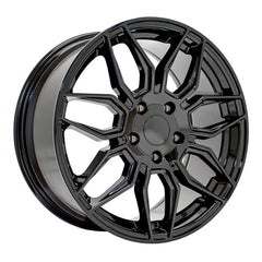 Angle view of an 18x8.5 Gloss Black wheel replacement for Chevy Corvette replica rim 9511111