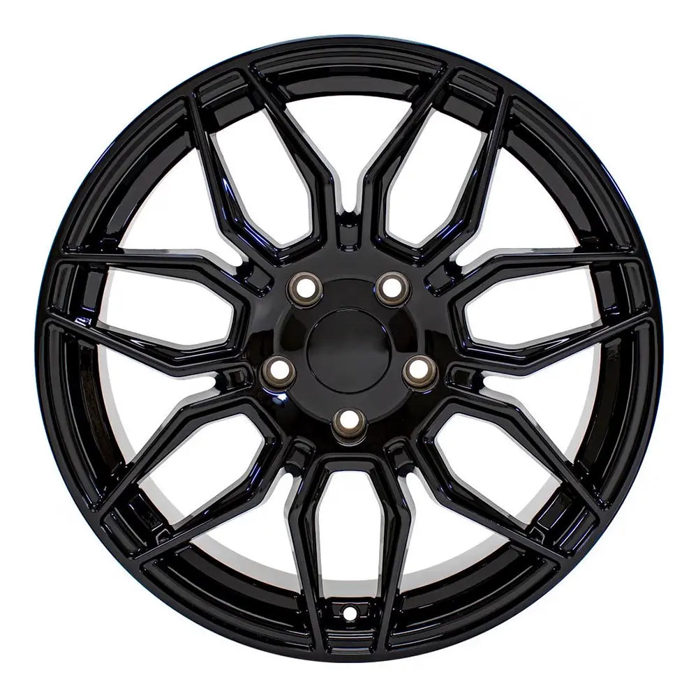 Front view of an 18x8.5 Gloss Black wheel replacement for Chevy Corvette replica rim 9511111