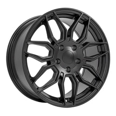 Angle view of an 18x8.5 Matte Satin Black wheel replacement for Chevy Corvette replica rim 9511112