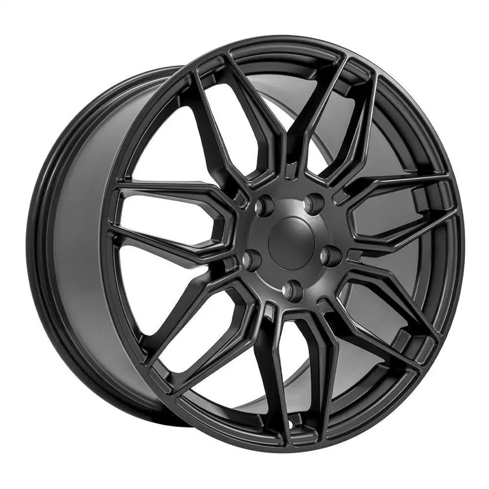 Angle view of a 19x10 Matte Satin Black wheel replacement for Chevy Corvette replica rim 9511115
