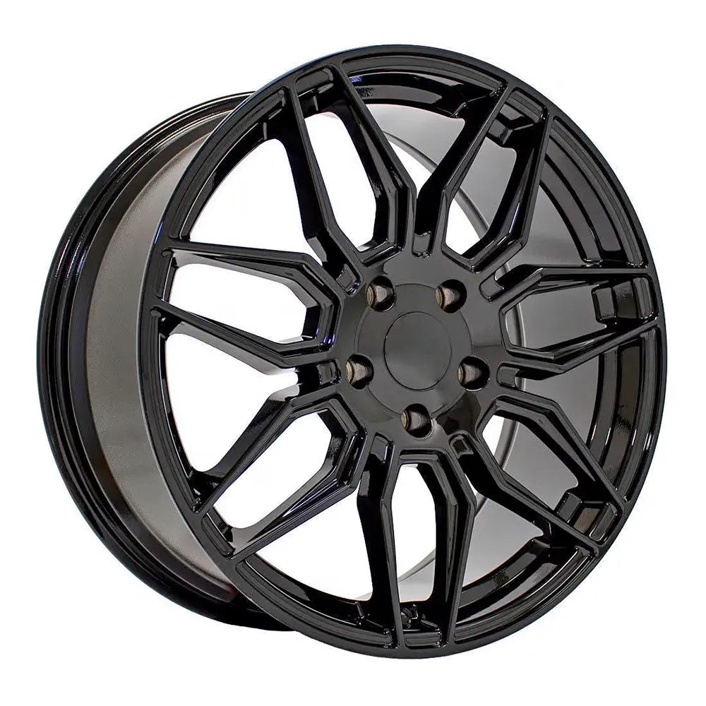 Angle view of a 19x8.5 Gloss Black wheel replacement for Chevy Corvette replica rim 9511117