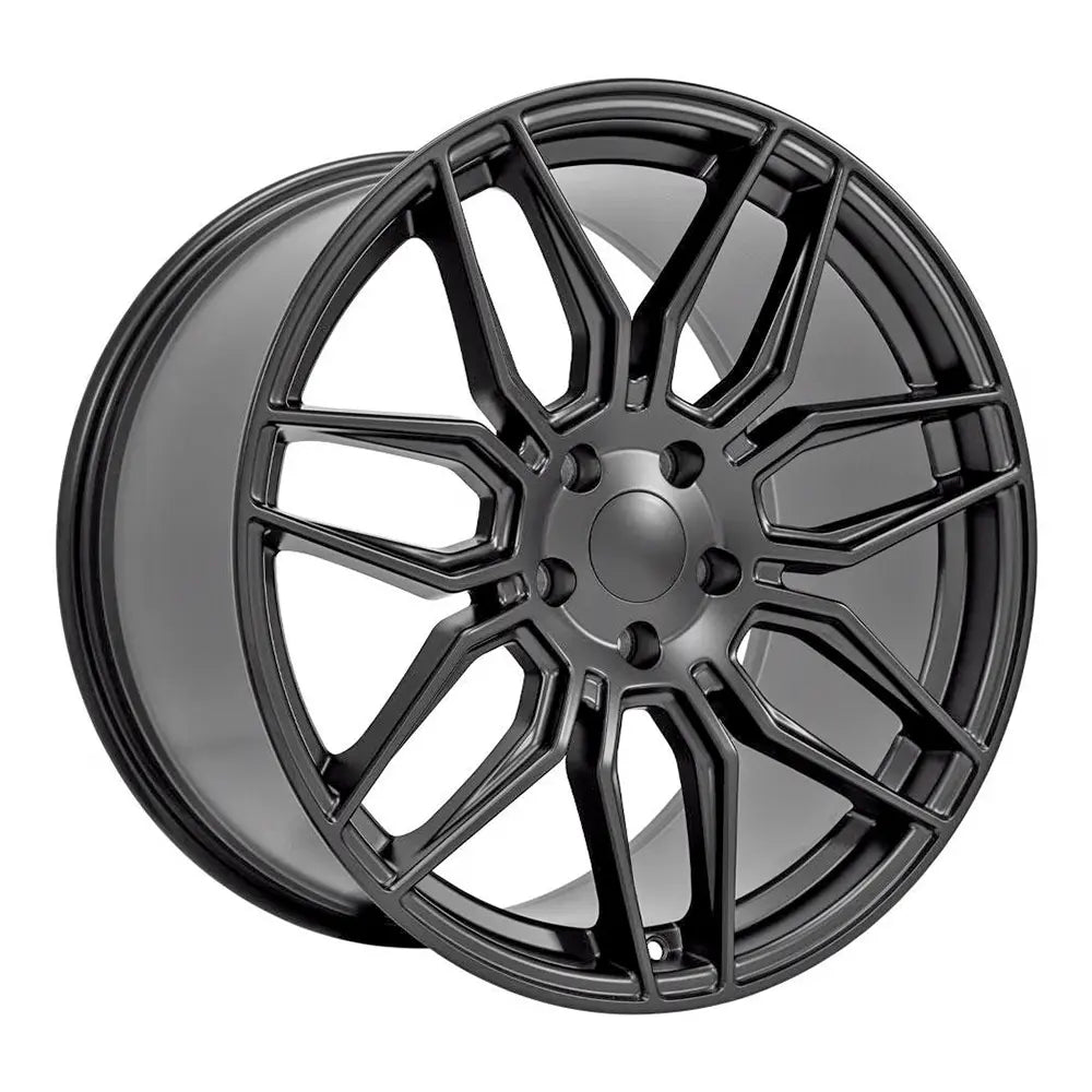 Angle view of a 20x11 Satin Matte Black wheel replacement for Chevy Corvette replica rim 9511121