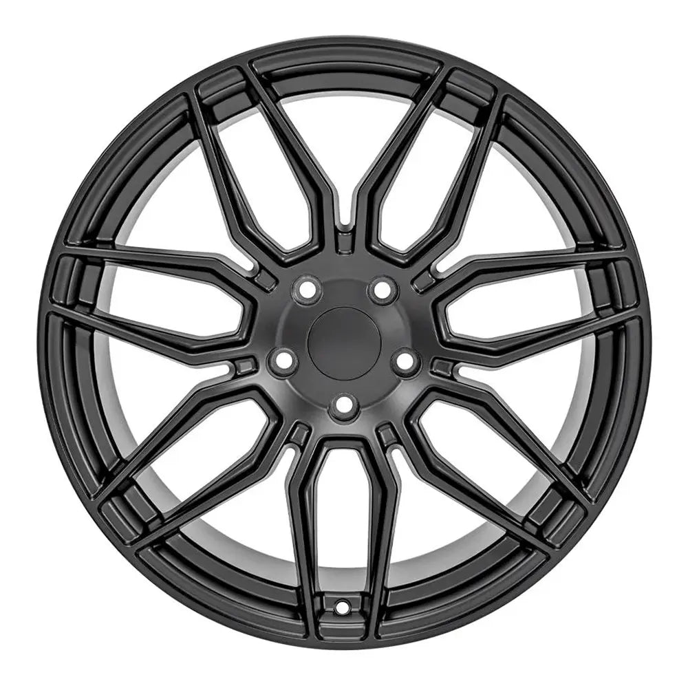 Front view of a 20x11 Satin Matte Black wheel replacement for Chevy Corvette replica rim 9511121