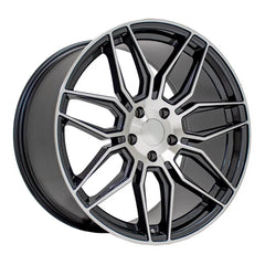 Angle view of a 20x11 Machined Gunmetal wheel replacement for Chevy Corvette replica rim 9511122