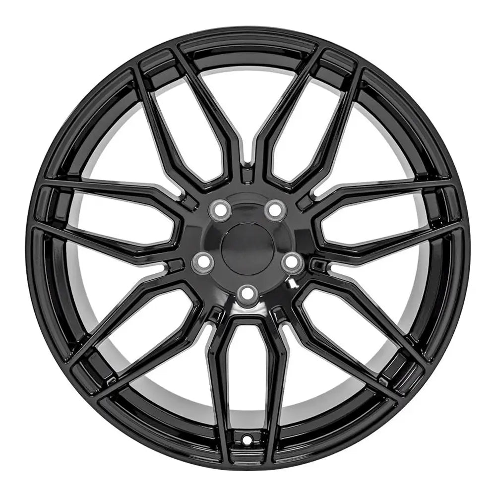 Front view of a 20x11 Gloss Black wheel replacement for Chevy Corvette replica rim 9511120 