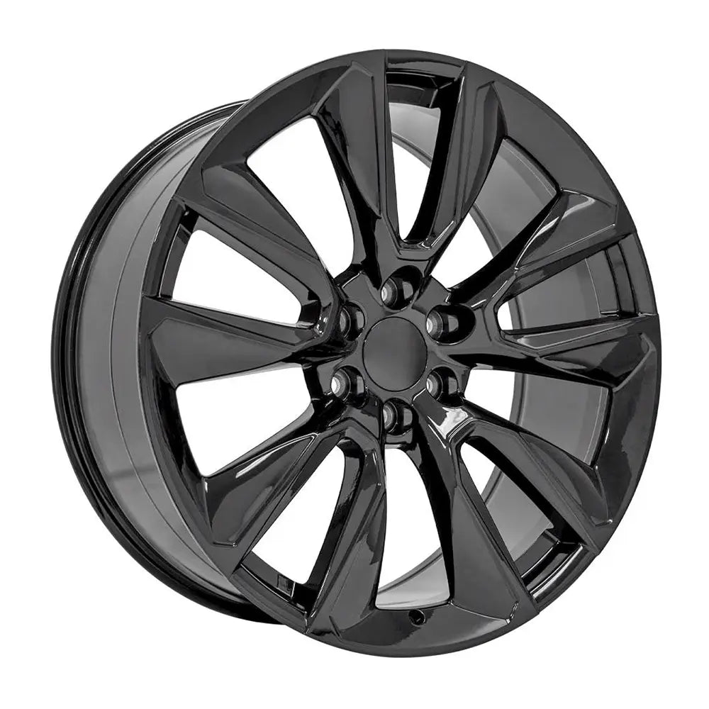 Angle view of a 24x10 Gloss Black wheel replacement for Chevy Silverado replica rim 9511405