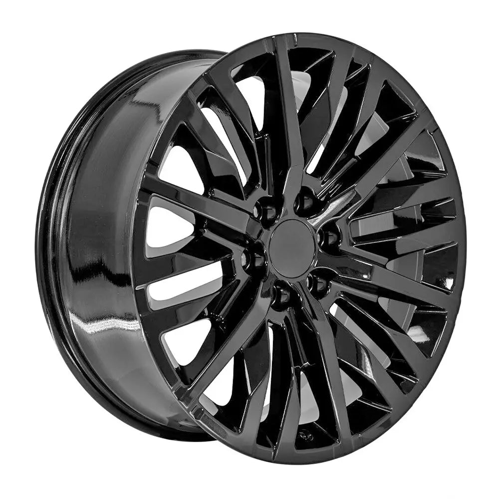 Angle view of a 22x9 Gloss Black wheel replacement for Cadillac Escalade replica rim 9511413