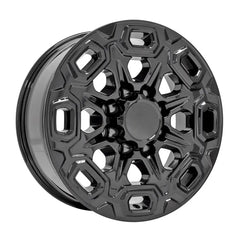 Angle view of a 20x8.5 Gloss Black wheel replacement for Chevy Silverado replica rim 9511093