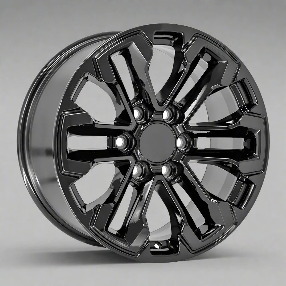 Angle view of an 18x8.5 Gloss Black wheel replacement for Cadillac Escalade replica rim 9511407