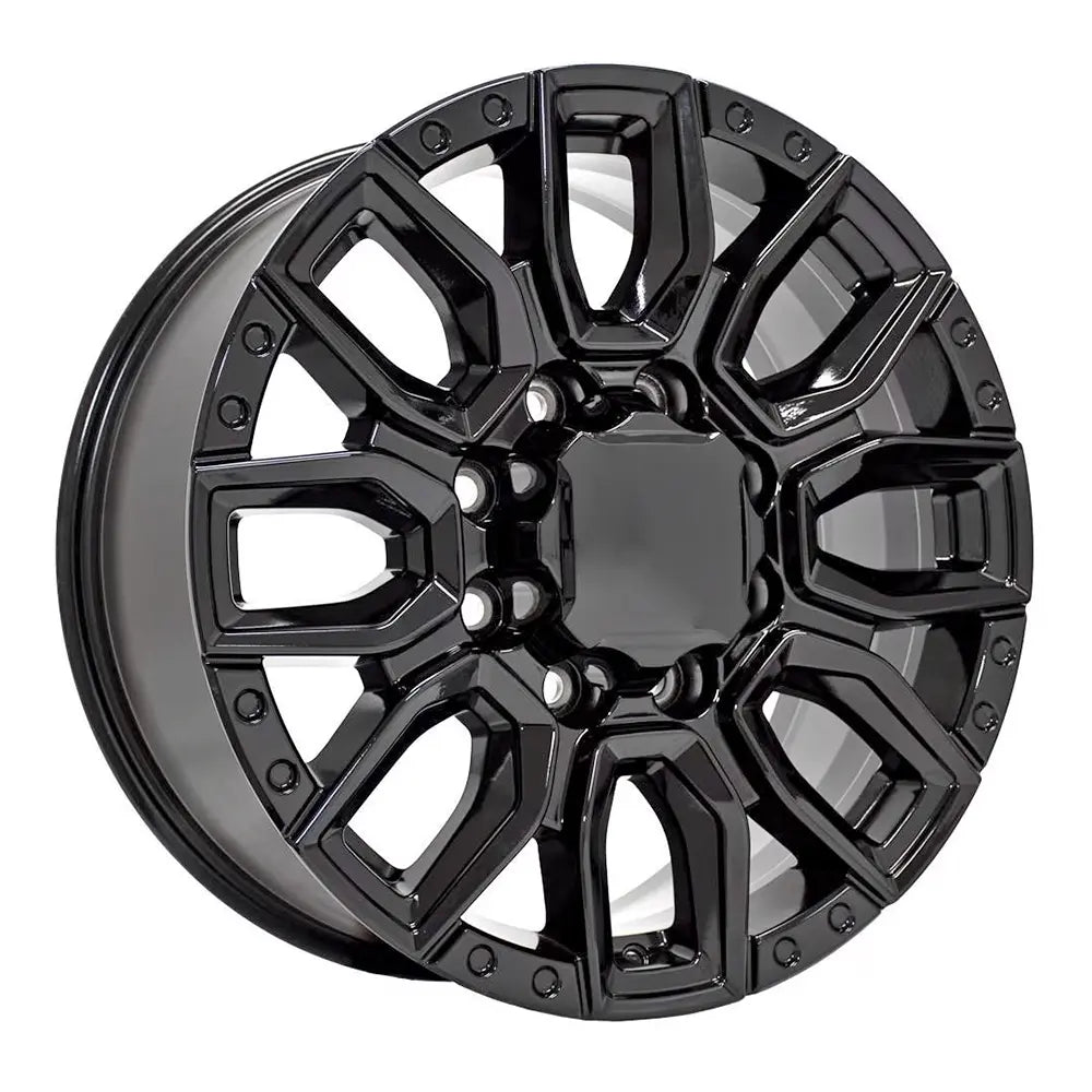 Angle view of a 20x8.5 Gloss Black wheel replacement for Chevy Trucks replica rim 9511058