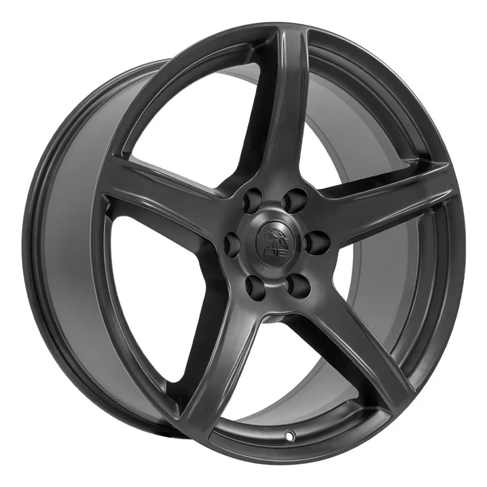 Angle view of a 22x9.5 Satin Black wheel replacement for Ram 1500 replica rim 9511013