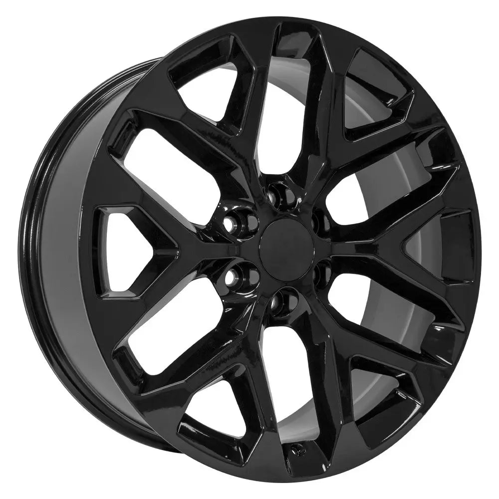 Angle view of a 22x9 Black wheel replacement for Chevy Silverado replica rim 9510960